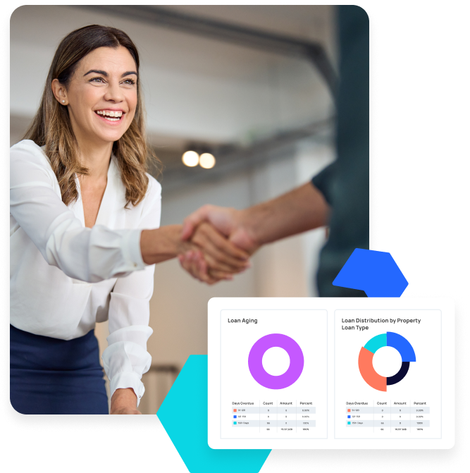 Smiling woman in business attire shakes hands with someone; two charts labeled "Loan Aging" and "Loan Distribution by Property Loan Type" are displayed below.