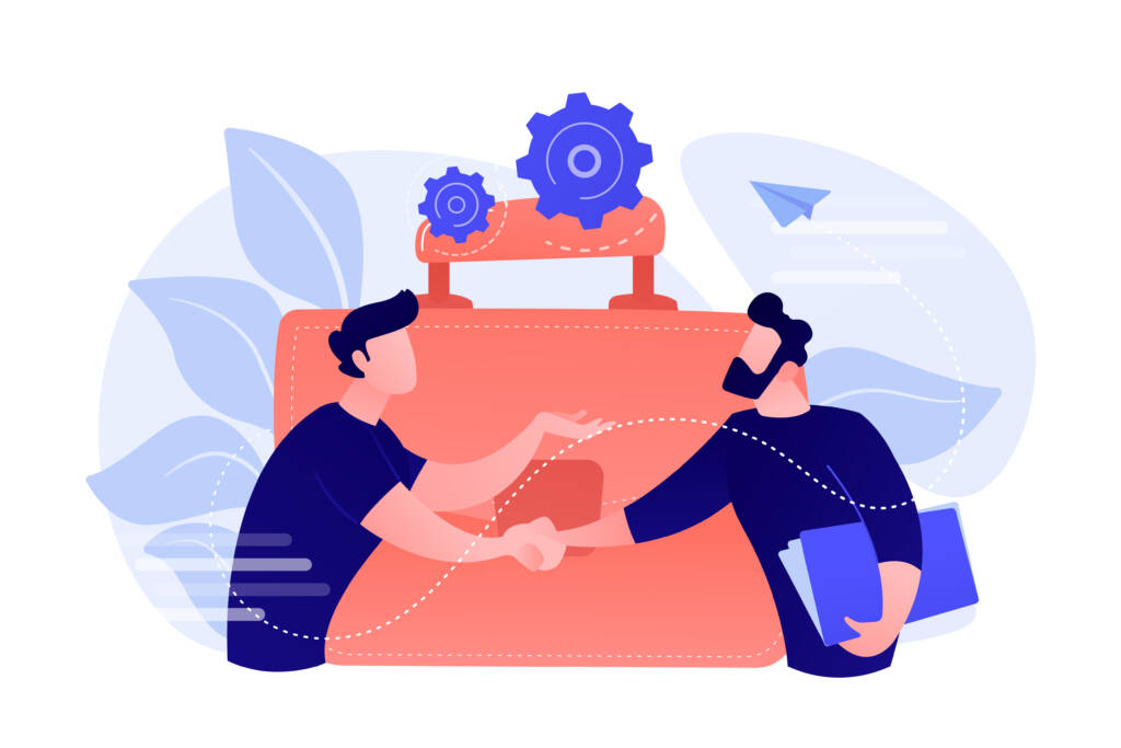 Two people shaking hands in front of a large briefcase and gears, symbolizing business partnership or agreement. One holds a folder. Abstract background with leaves and a paper airplane.