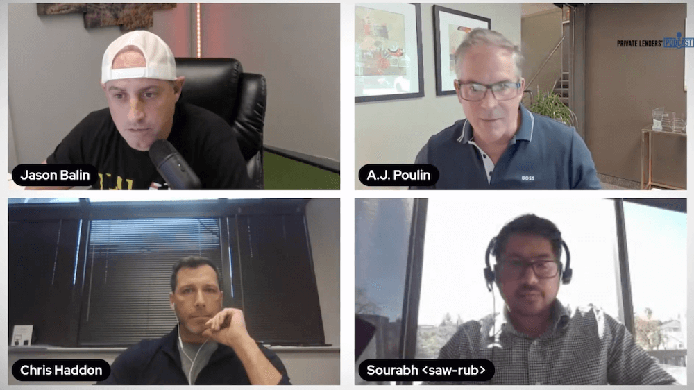 Four men, each labeled with their names, participate in a virtual meeting. Each appears in a separate video frame, with two frames on top and two on the bottom.
