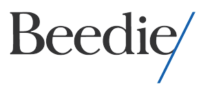 Logo of Beedie with the name in black text and a blue diagonal line on the right.