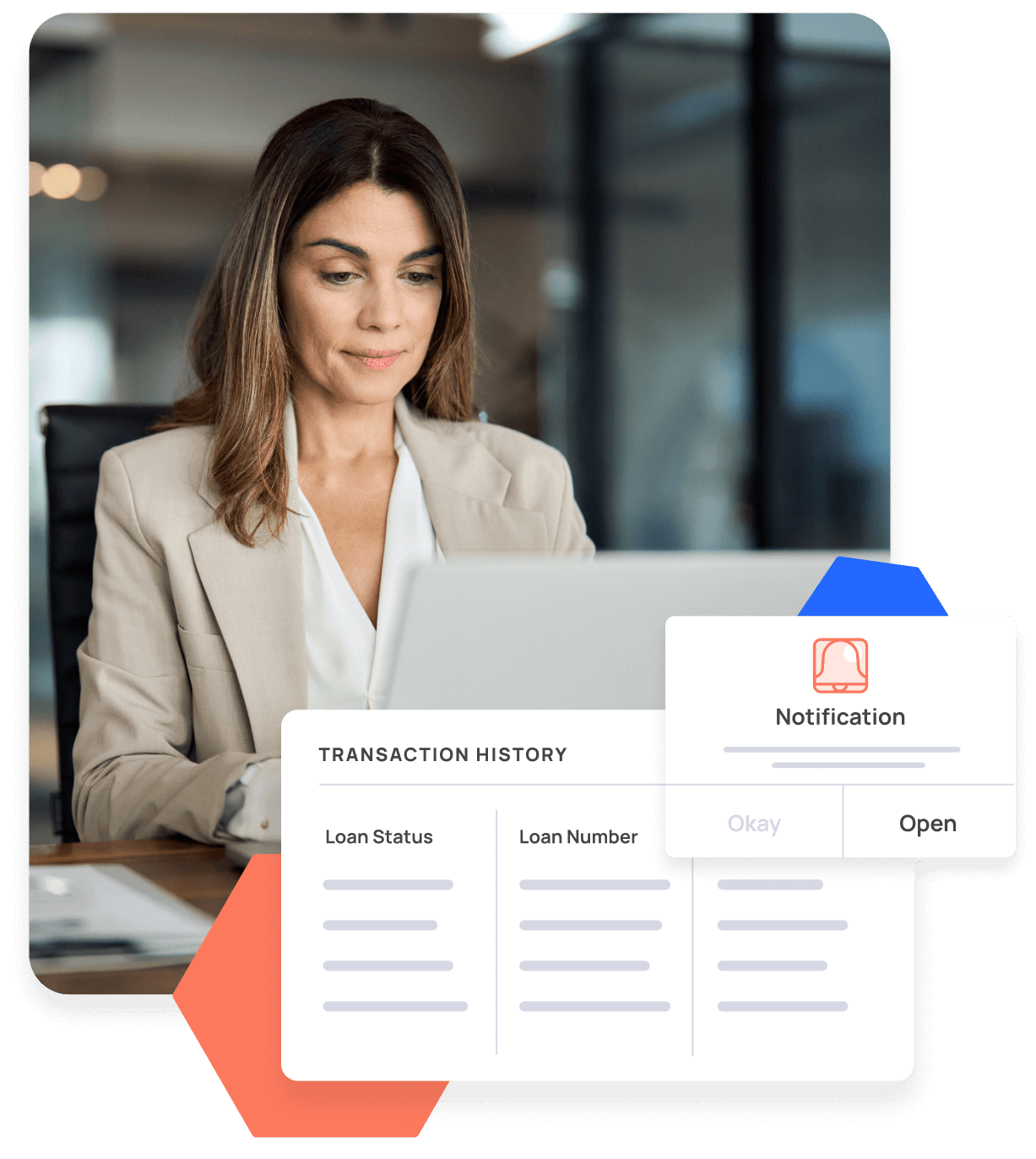 A woman in a beige blazer works on a laptop. Overlay elements show a transaction history and a notification pop-up.