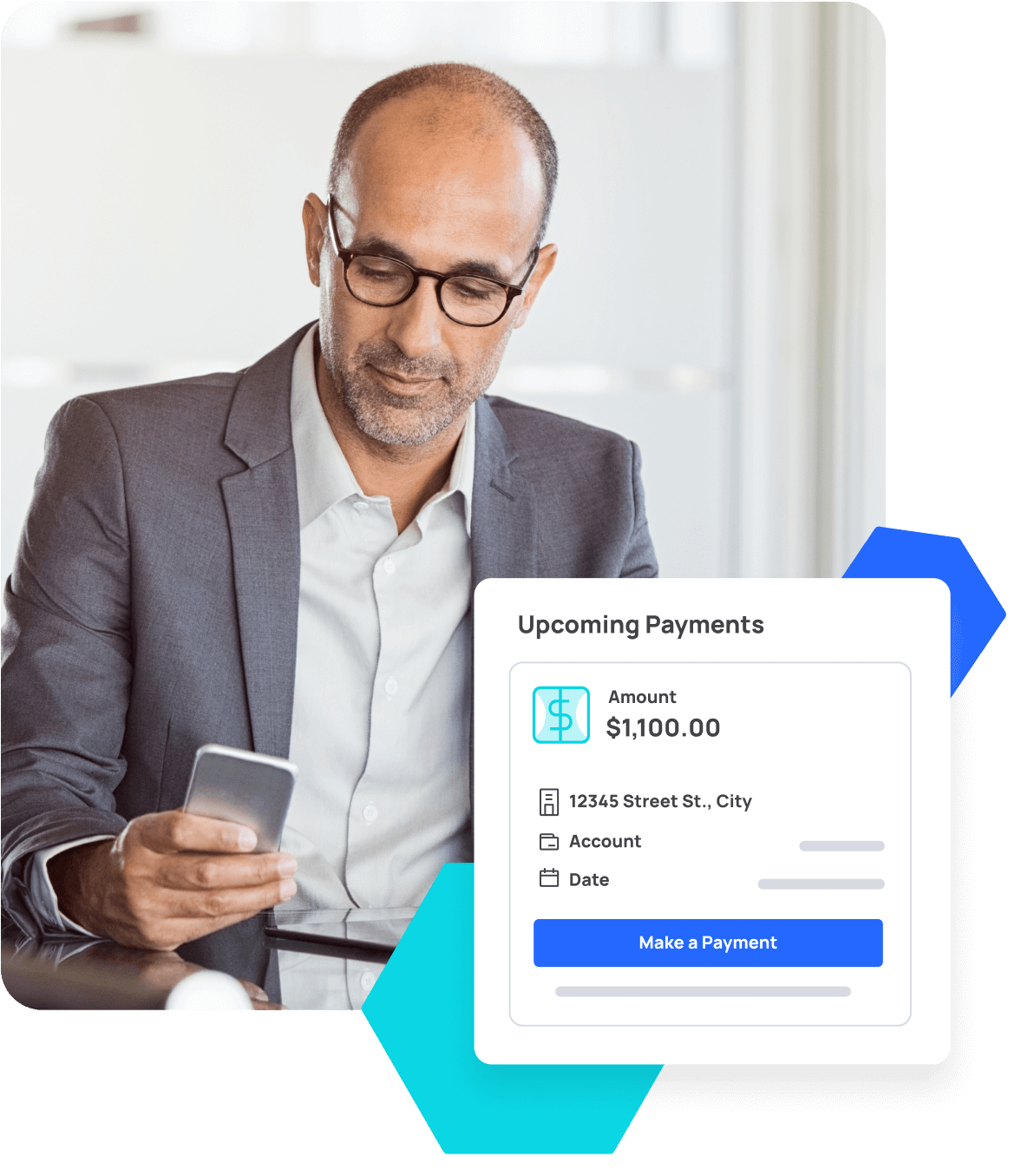 A person in a suit looks at a smartphone. A digital overlay shows an upcoming payment of $1,100 with options for account details and a "Make a Payment" button.