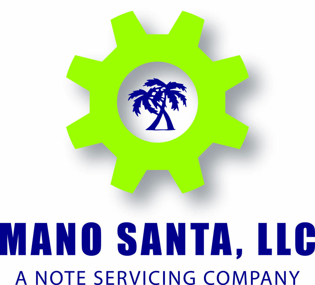 Logo of Mano Santa, LLC, featuring a green gear with a palm tree in the center. Text below reads, "A Note Servicing Company.