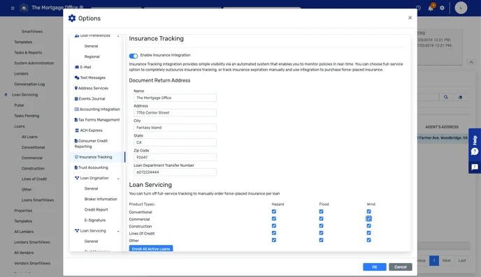 Screenshot of a software application showing the Insurance Tracking and Loan Servicing options, with fields for document return address and checkboxes for hazard, flood, and wind insurance.