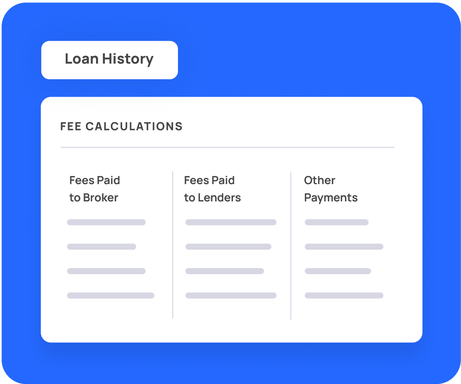 Loan history interface showing categories: Fees Paid to Broker, Fees Paid to Lenders, and Other Payments. Blue background with a white overlay.