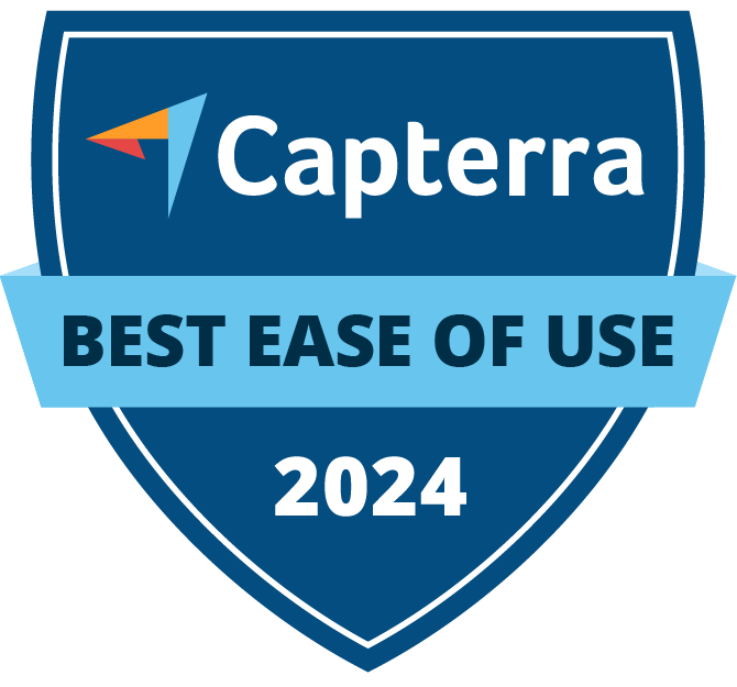 A blue shield-shaped badge with the Capterra logo, text "Best Ease of Use," and "2024.