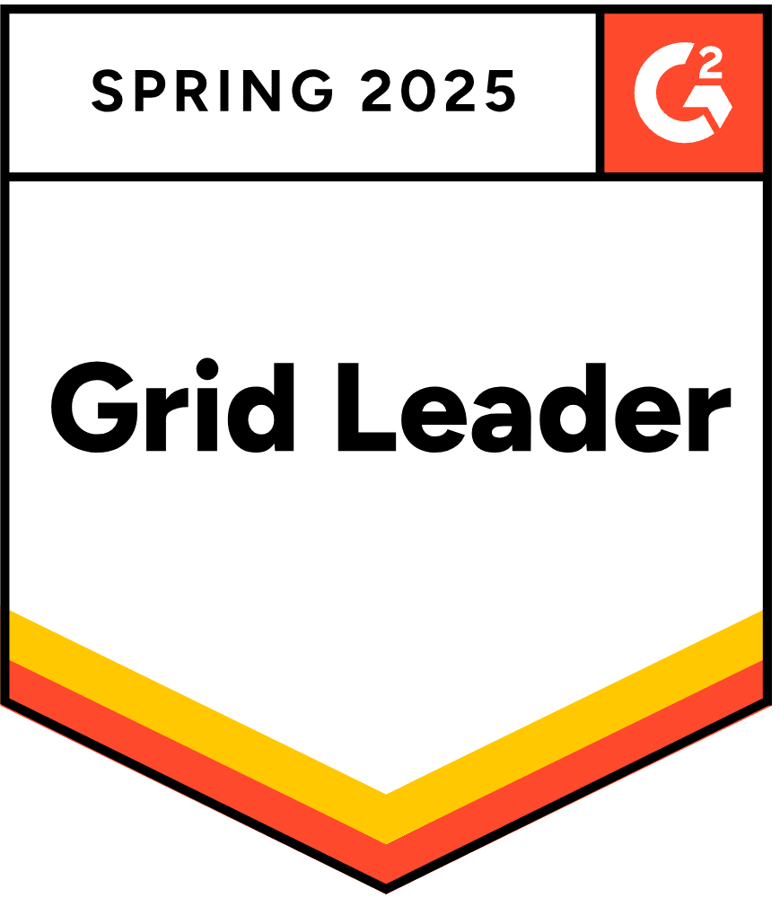 G2 badge displaying "Spring 2025 Grid Leader" with a red, yellow, and orange border at the bottom.