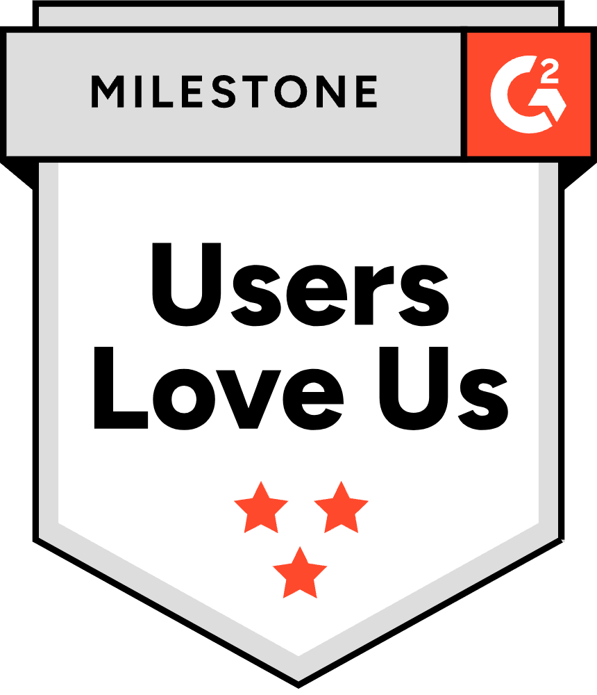 A G2 milestone badge with the text "Users Love Us" and three red stars below, indicating positive user feedback or recognition.
