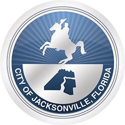 City of Jacksonville, Florida seal featuring a silhouette of an equestrian statue above an outline map of the city, with rays in the background.