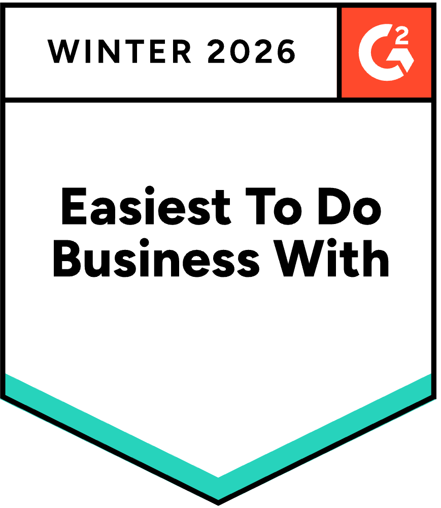 G2 badge stating "Winter 2026 Easiest To Do Business With" on a white background with a red G2 logo in the corner.