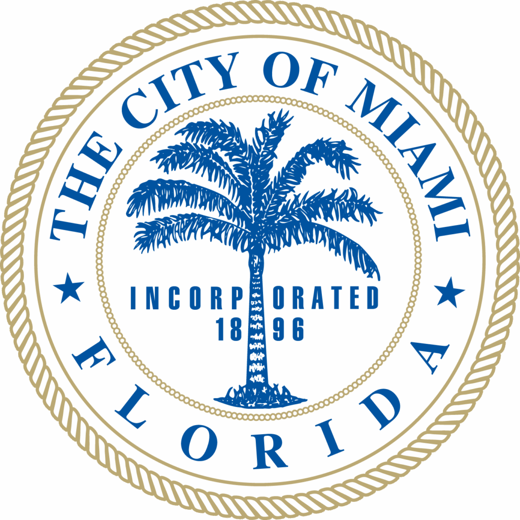 Seal of the City of Miami, Florida, featuring a blue palm tree, "Incorporated 1896," and gold accents on a white circular background.