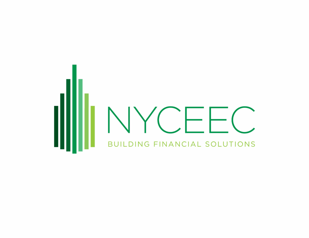 Logo with green vertical bars resembling a city skyline, next to the text "NYCEEC" and "Building Financial Solutions" on a black background.