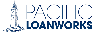 Logo for Pacific Loanworks featuring a lighthouse illustration to the left of the company name in uppercase letters.