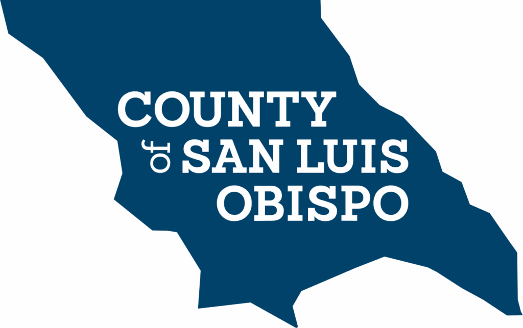 Blue silhouette of San Luis Obispo County with the text "COUNTY of SAN LUIS OBISPO" in large, bold letters over the shape.