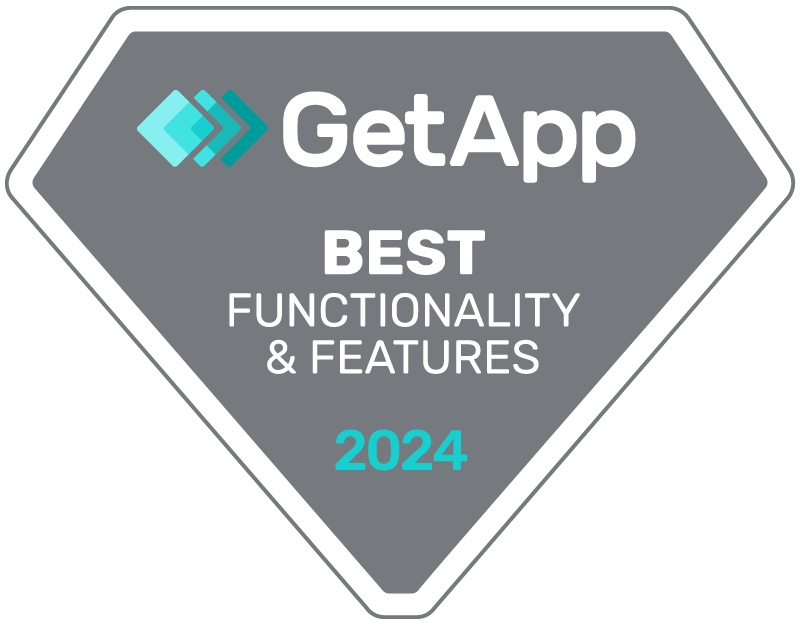 A gray diamond-shaped badge with the GetApp logo and text: "Best Functionality & Features 2024.