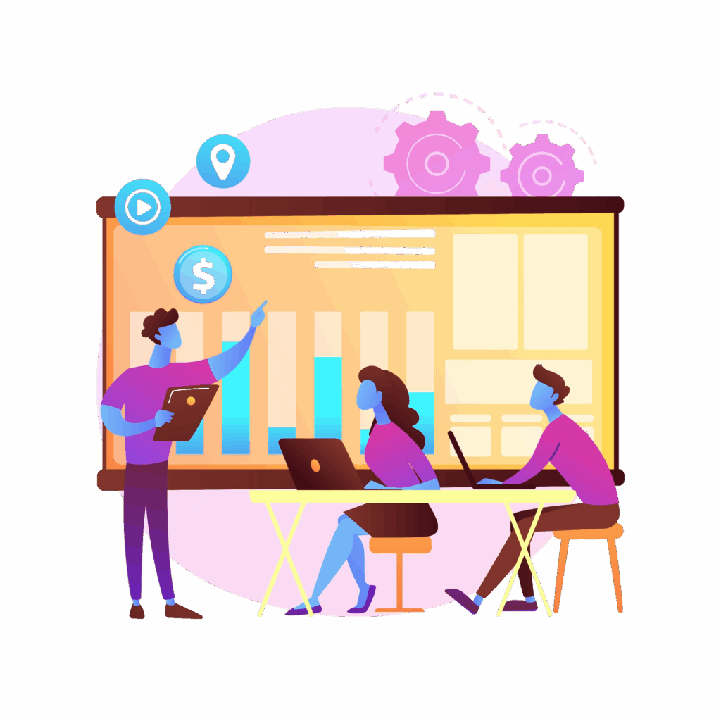 Illustration of three people working at laptops with a large presentation board displaying charts and icons in the background.