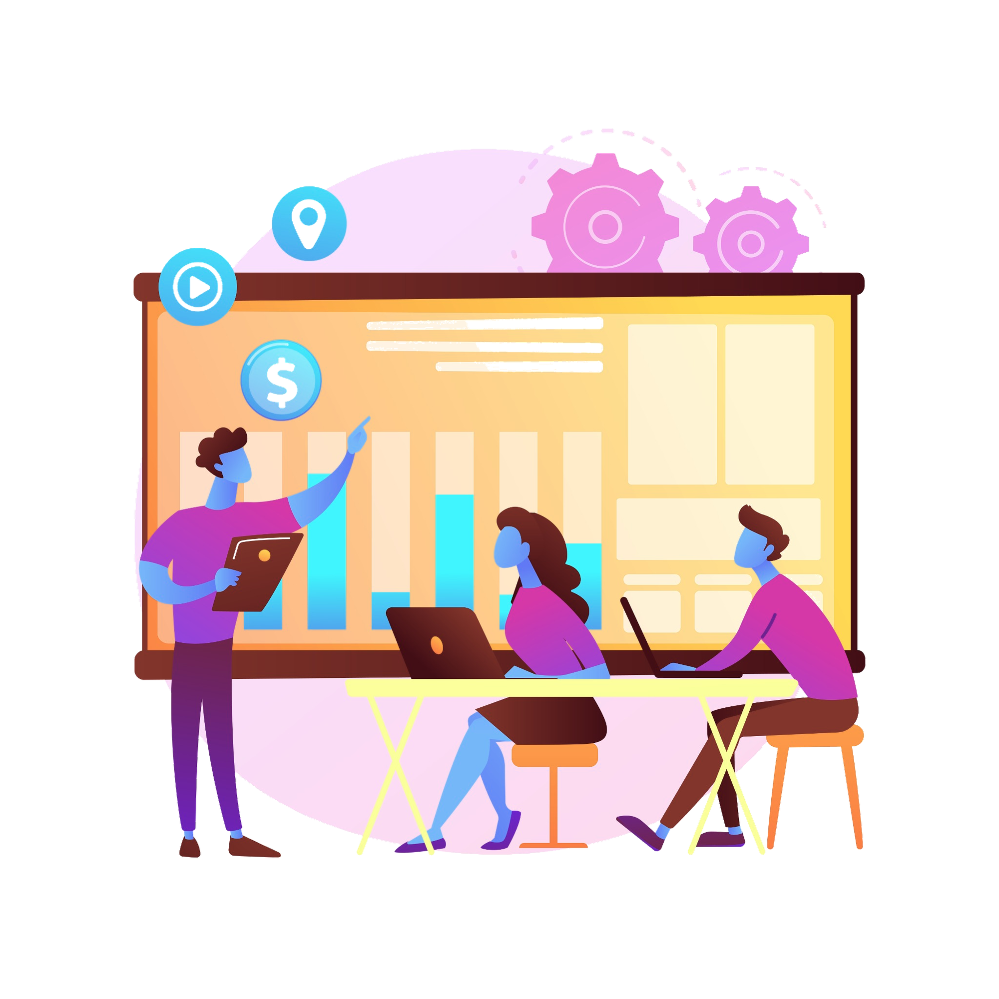 Illustration of three people working at laptops with a large presentation board displaying charts and icons in the background.