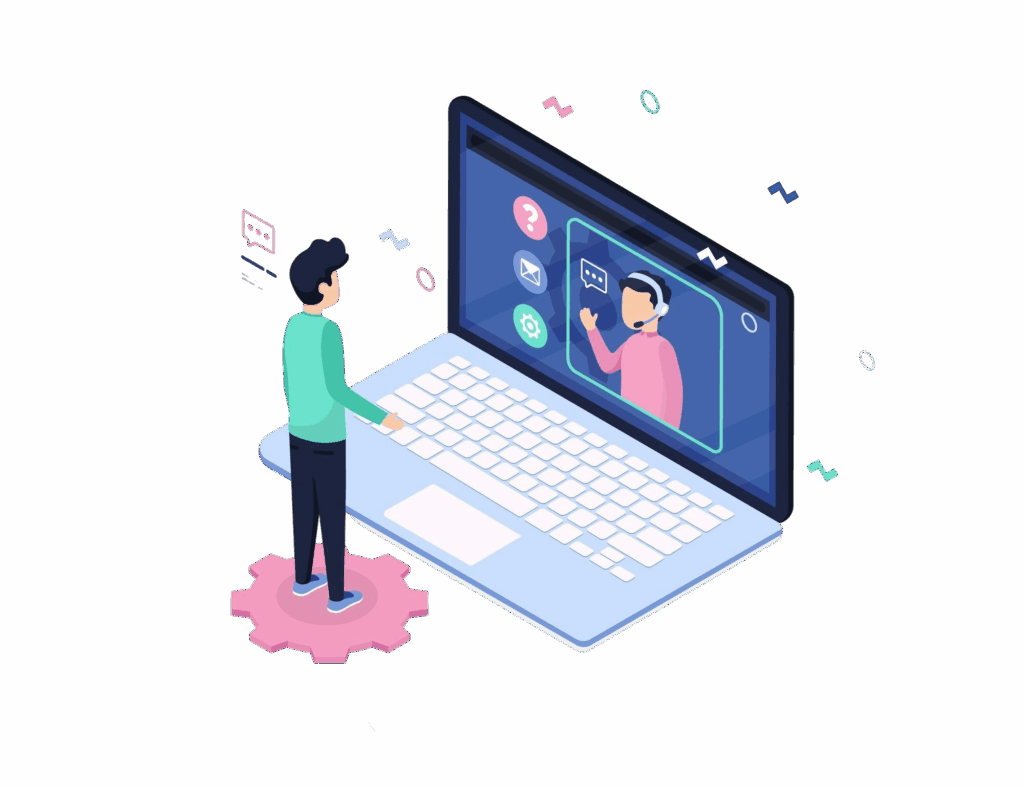 An illustration of a person standing in front of a large laptop, participating in a video call with a support representative shown on the laptop screen.