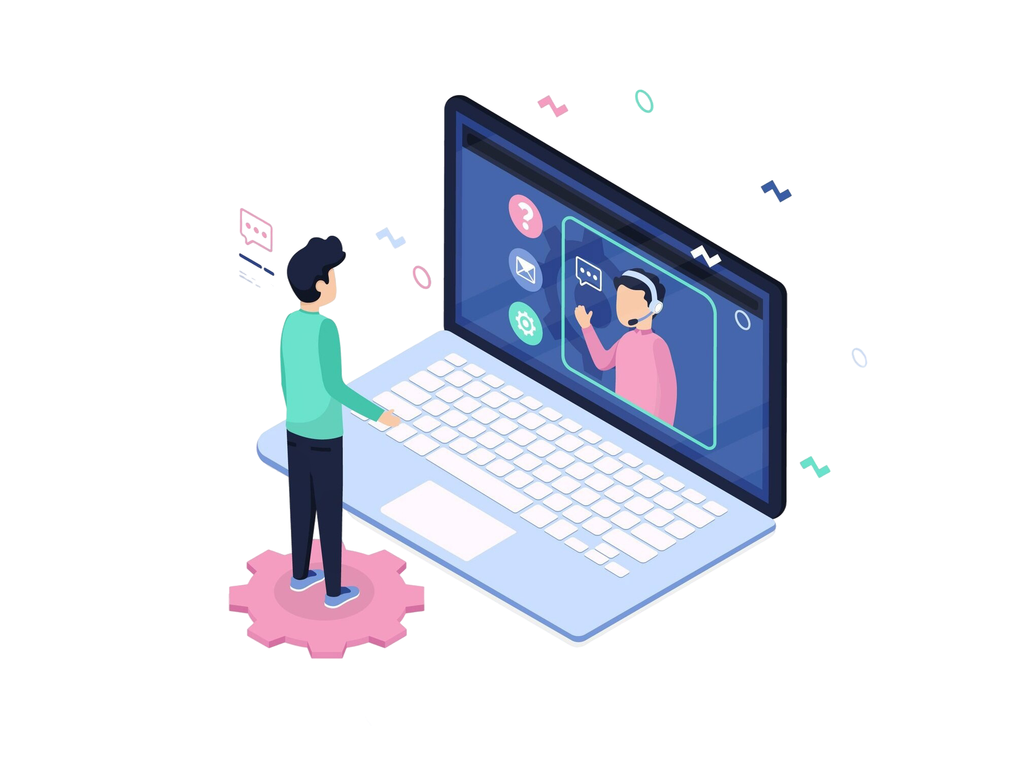 An illustration of a person standing in front of a large laptop, participating in a video call with a support representative shown on the laptop screen.