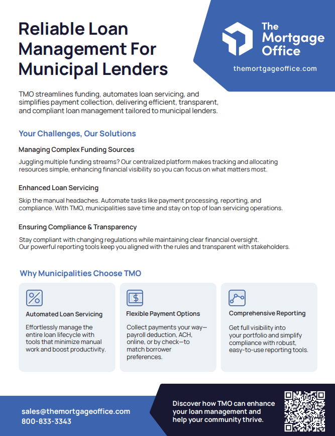 An informational flyer for The Mortgage Office (TMO) detailing loan management solutions for municipal lenders, including benefits like automation, flexible payments, and comprehensive reporting.