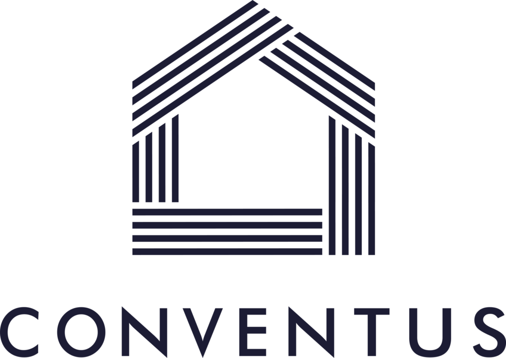 Logo featuring a geometric house outline made of parallel navy blue lines above the word "CONVENTUS" in bold capital letters.