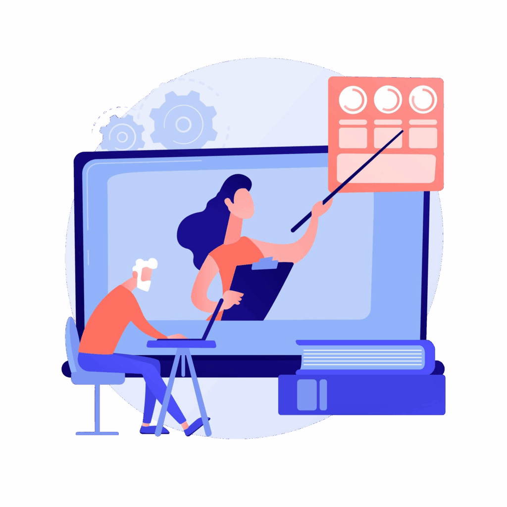 Two people work at a desk in front of a large computer screen; one points at a chart with graphs while the other types on a keyboard.