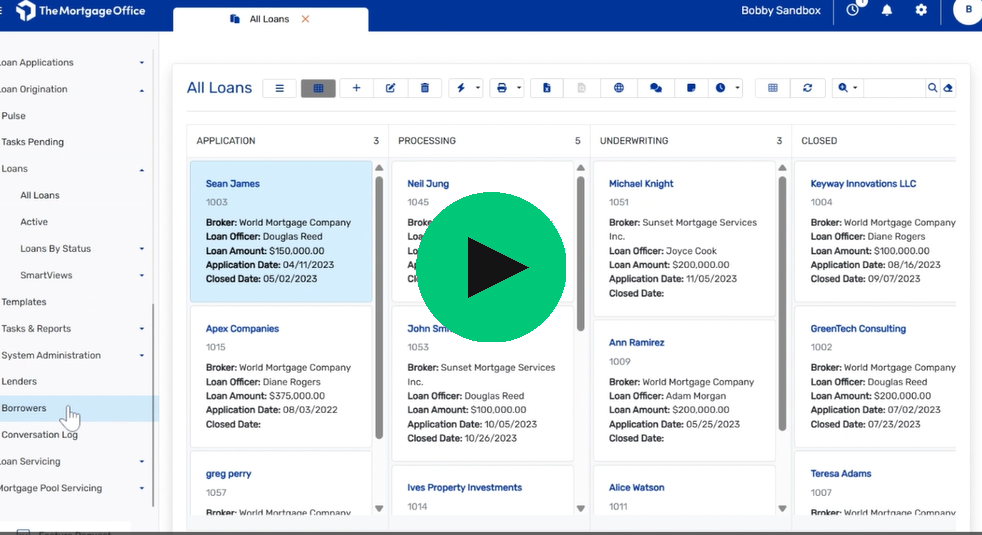 A loan management dashboard displays columns for Application, Processing, and Underwriting stages, with borrower details listed under each phase; a play button overlays the center.