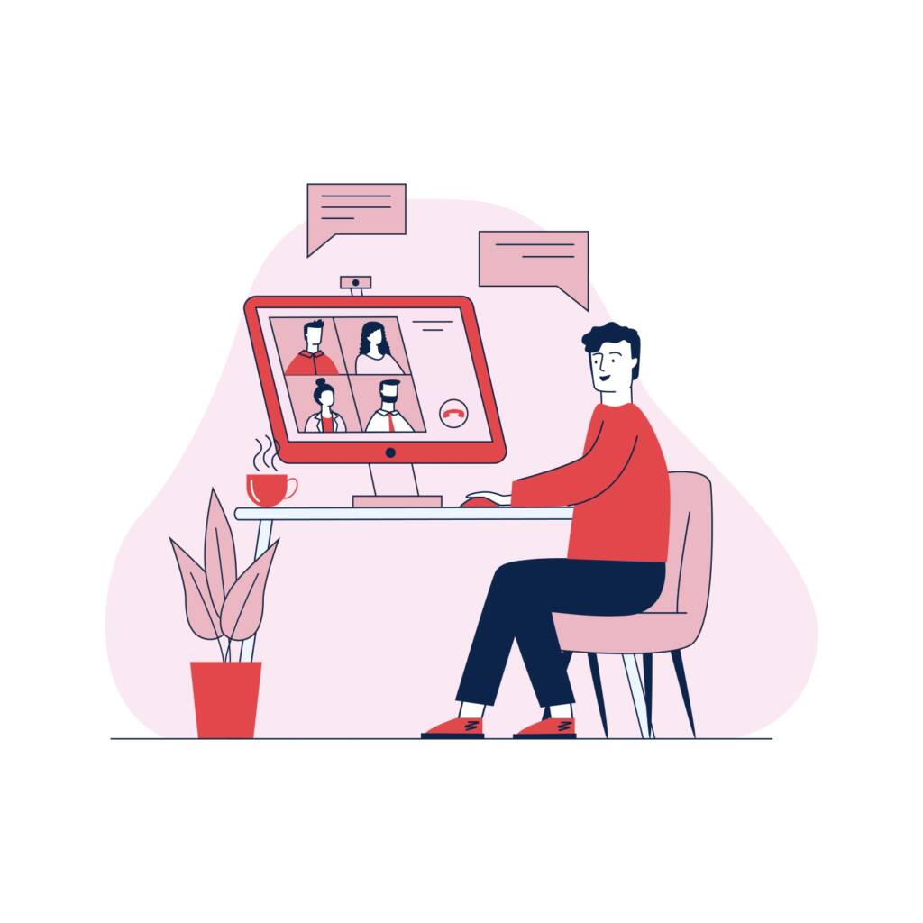 Illustration of a person sitting at a desk using a computer for a video conference with four people, with speech bubbles and a cup of coffee nearby.