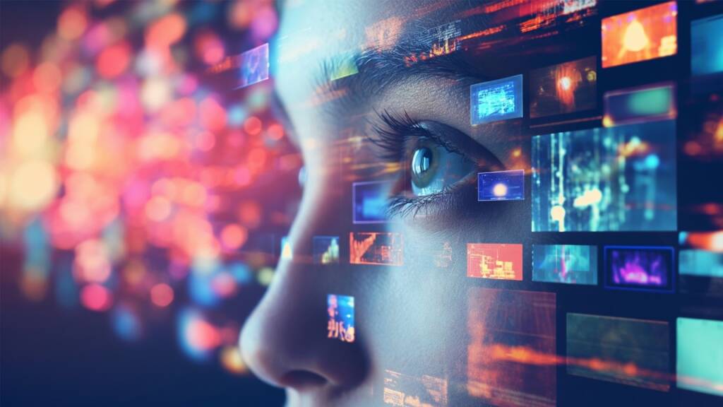 A close-up of a person's face with digital screens and colorful lights reflected, suggesting technology, media consumption, and digital interaction.