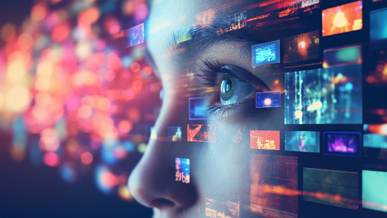 A close-up of a person's face with digital screens and colorful lights reflected, suggesting technology, media consumption, and digital interaction.