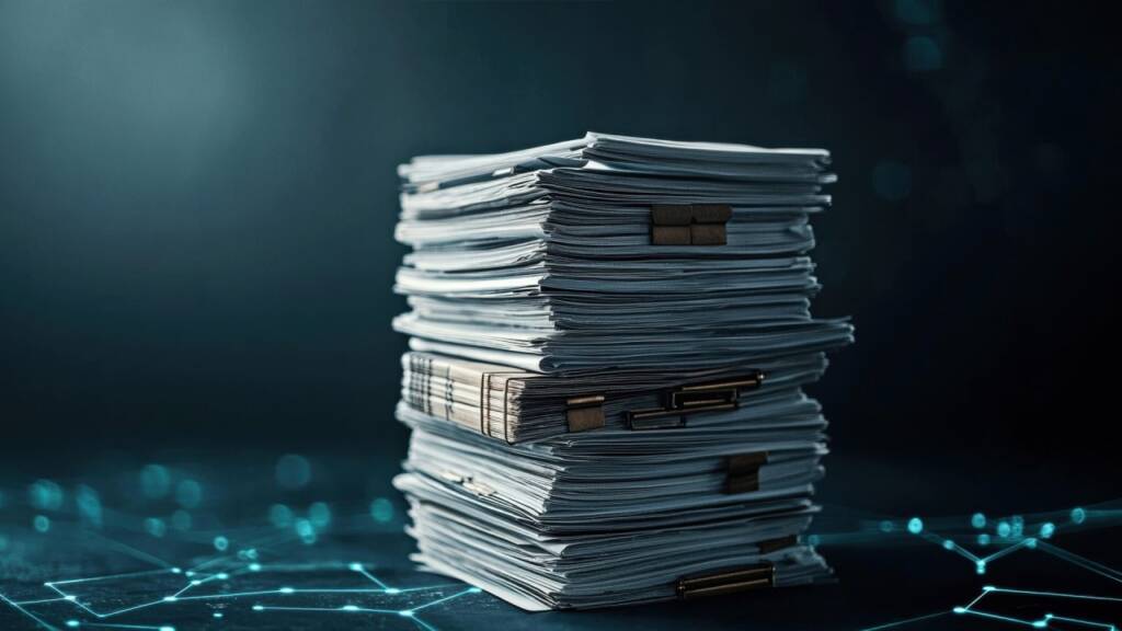 A tall stack of paper documents is shown on a dark surface with a digital network pattern in the background.