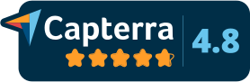 Capterra logo with a 4.8 out of 5-star rating, displaying five yellow stars against a dark blue background.
