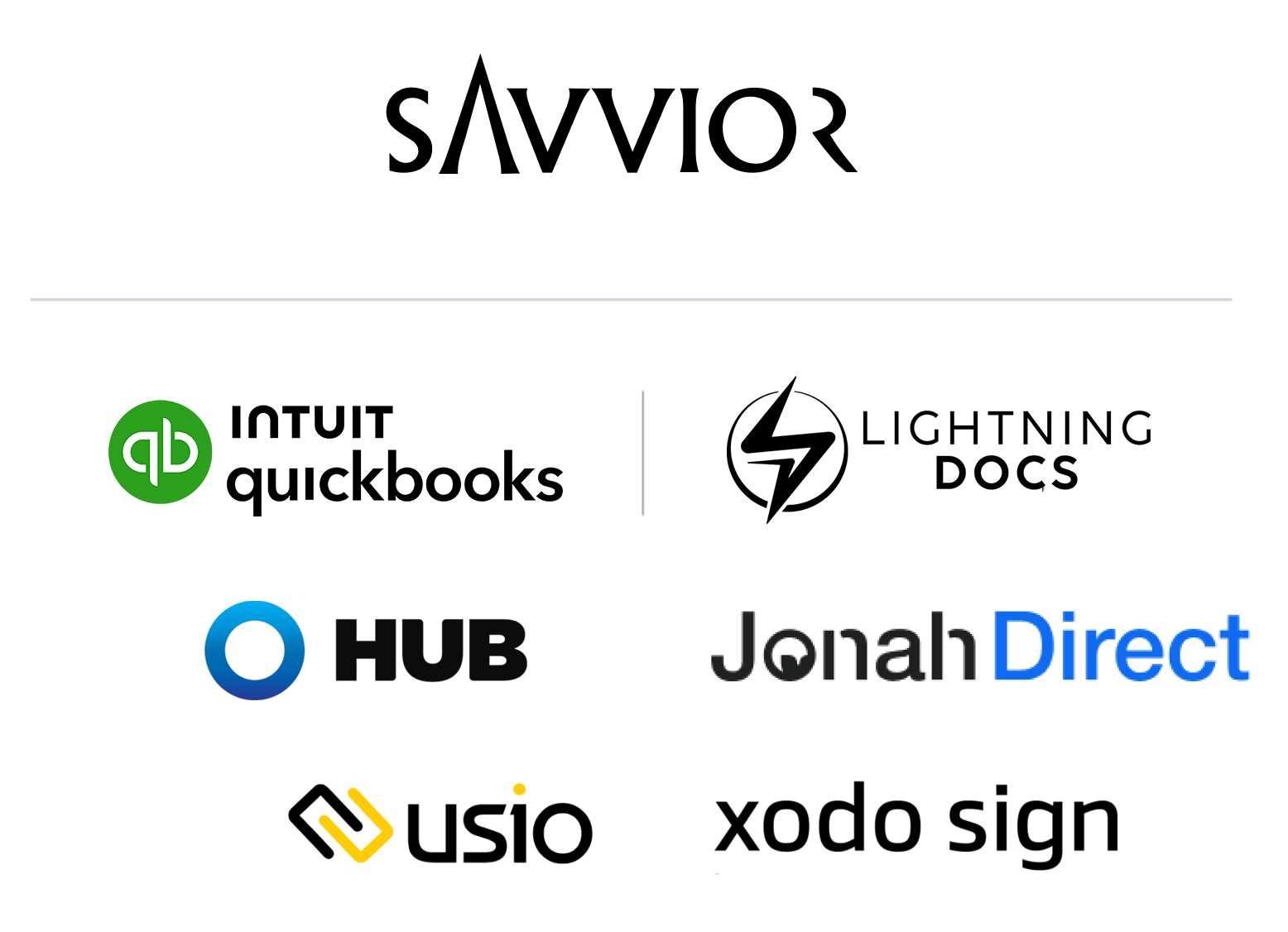 Logos of the following companies: Savvior, Intuit QuickBooks, Lightning Docs, Hub, JonahDirect, Usio, and Xodo Sign, arranged in a grid format.