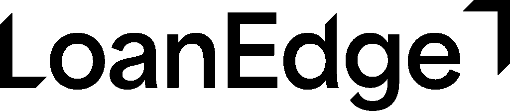The text "LoanEdge" is written in bold black letters with an upward-pointing arrow at the end of the word on a light gray background.