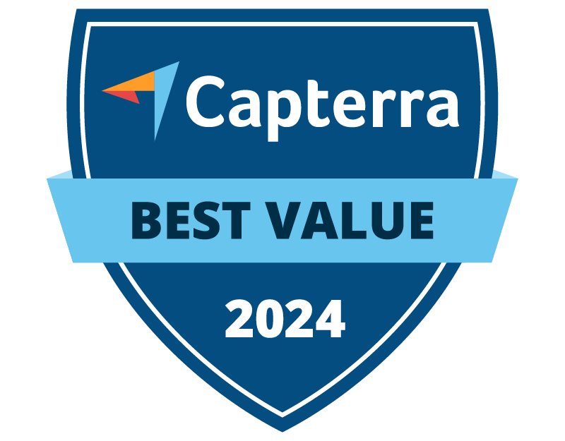 A blue badge with the Capterra logo, labeled "Best Value 2024" in bold black and white text.