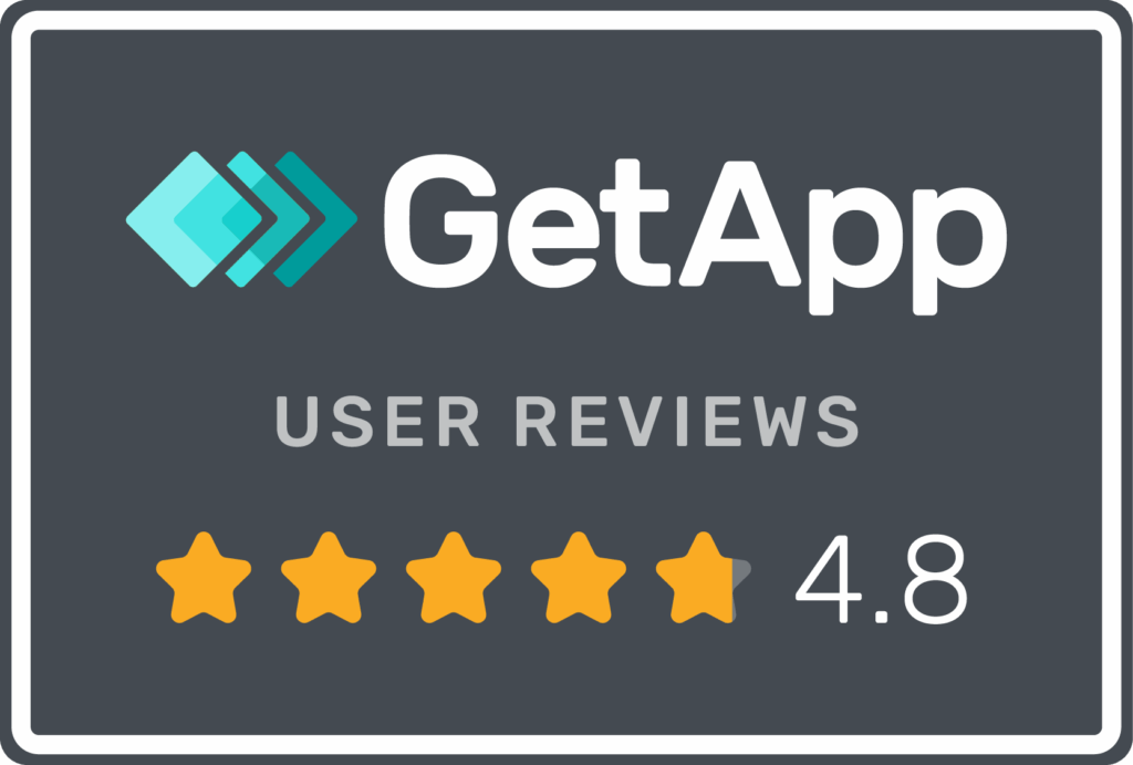 GetApp user reviews badge displaying a 4.8 out of 5-star rating, with five yellow stars and the GetApp logo on a dark background.