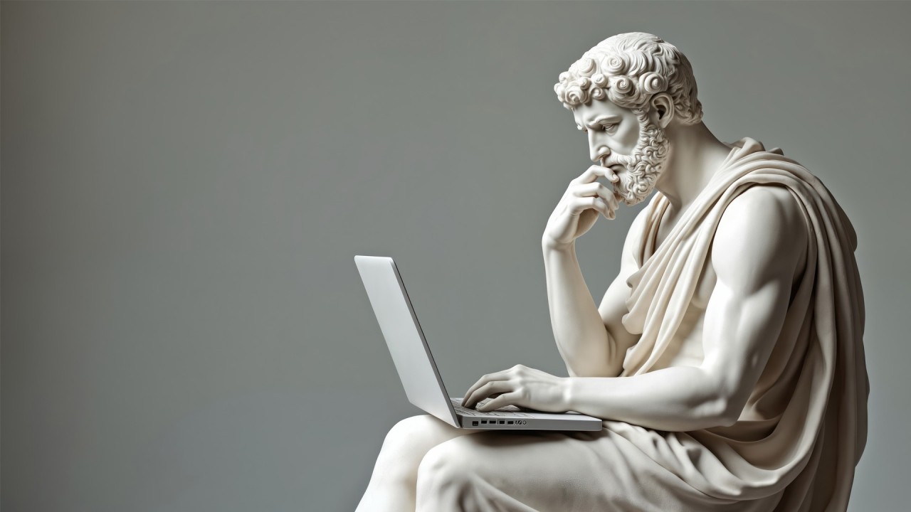 A marble statue of a seated man in ancient Greek attire looks thoughtfully at an open laptop on his lap, blending classical art with modern technology.