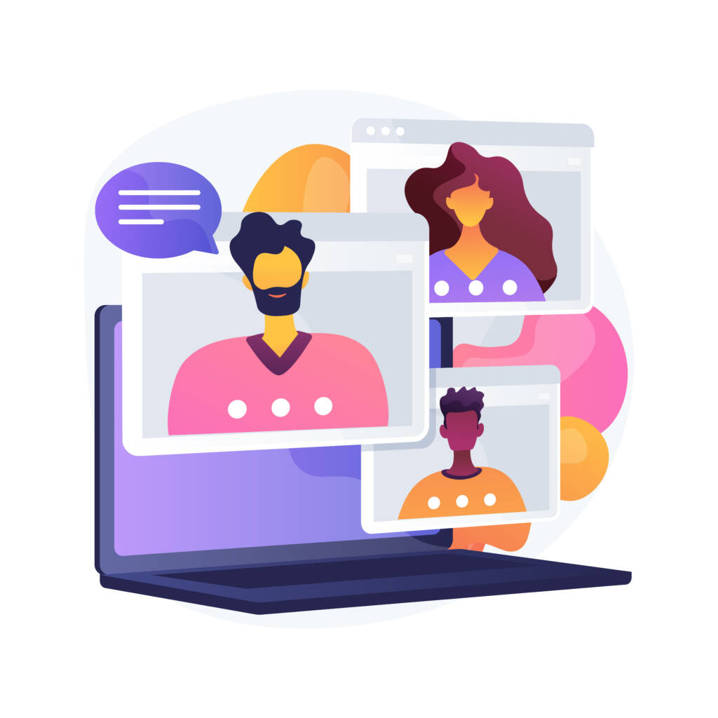 Illustration of a virtual meeting with three people displayed on-screen in separate video call windows, shown on a laptop.