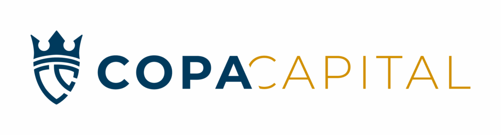 COPA CAPITAL logo featuring a blue shield with a crown icon on the left and the words "COPA CAPITAL" in blue and gold text on a light background.