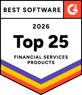 A badge reading "Best Software G2, 2026 Top 25 Financial Services Products" with colored stripes at the bottom.