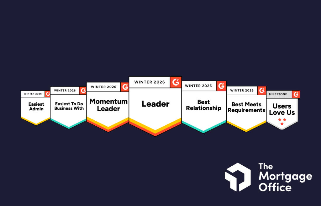 A series of seven award badges for The Mortgage Office, including titles like "Leader," "Momentum Leader," and "Users Love Us," against a dark background with the company logo.