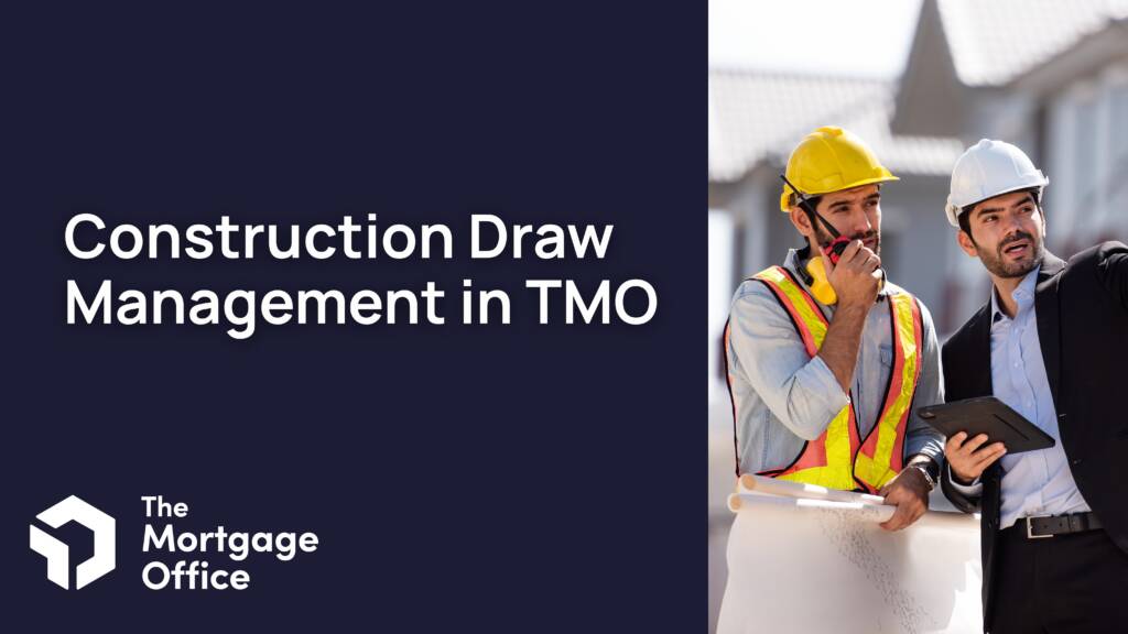 Two construction professionals wearing safety gear review plans and discuss a project, with one holding a tablet and the other holding blueprints, next to text about construction draw management.