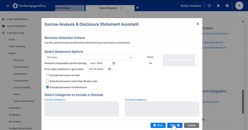 A software interface titled "Escrow Analysis & Disclosure Statement Assistant" displays options for statement criteria, date ranges, and category selection with "Back" and "Next" buttons.