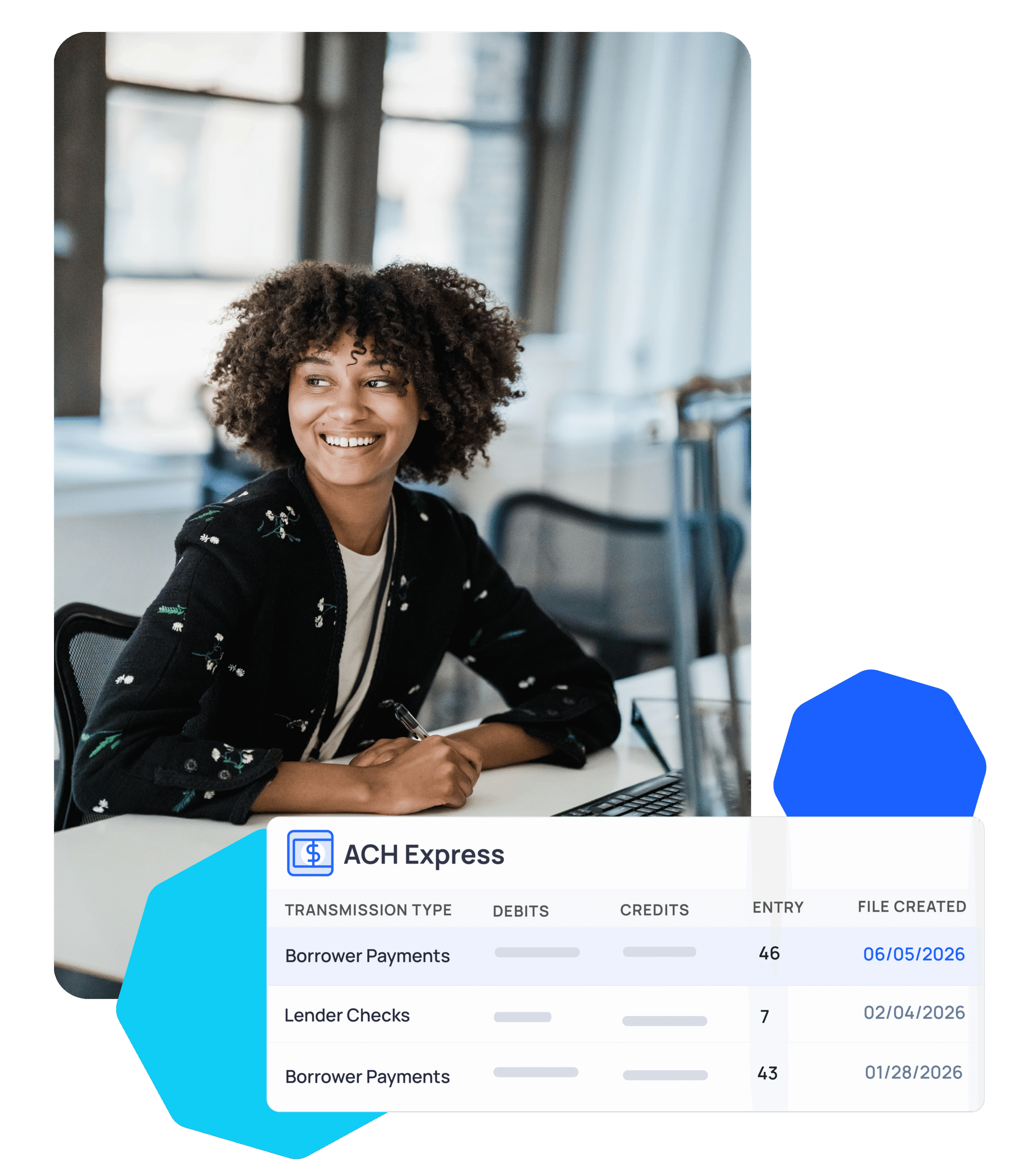 A person sits at a desk smiling, with a computer and documents nearby. Below, a digital table shows ACH Express transactions including borrower payments and lender checks.
