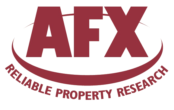 AFX logo with large maroon letters above a curved line and the words "Reliable Property Research" written below in maroon capital letters.