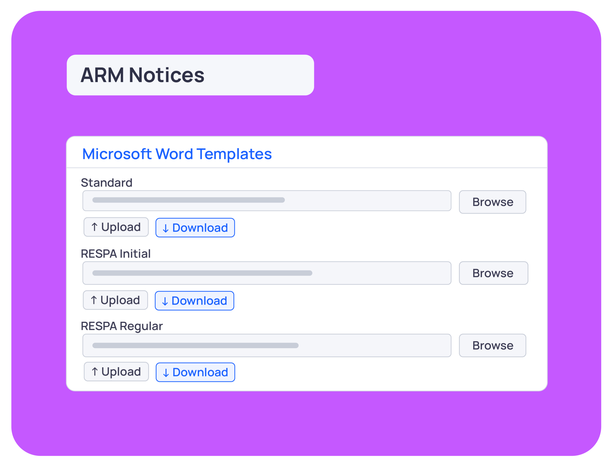 A screen displaying Microsoft Word templates for ARM Notices, including Standard, RESPA Initial, and RESPA Regular, with options to upload or download.