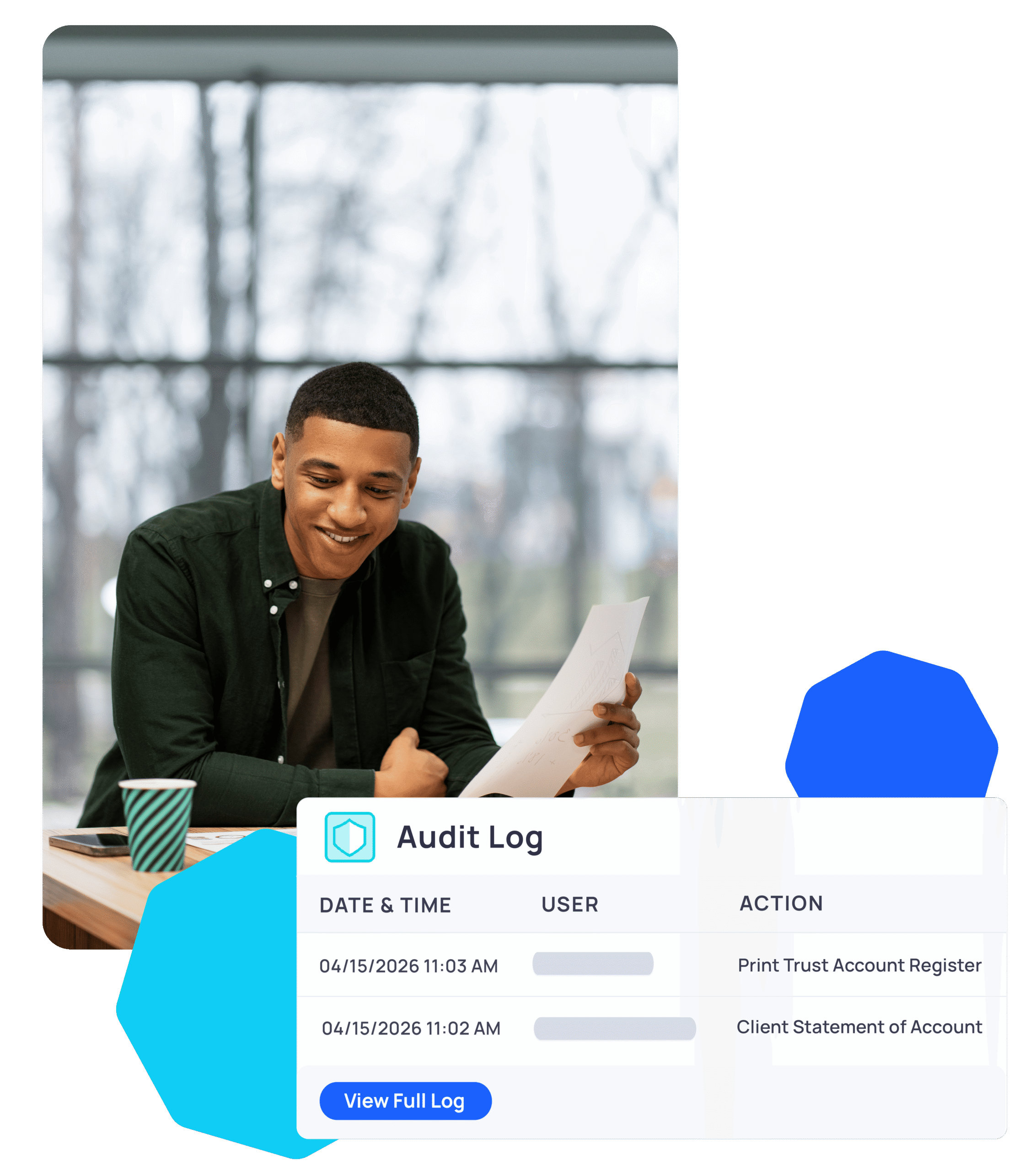 A person sits at a desk holding papers and smiling; an audit log interface displays date, time, user, and action details below the photo.