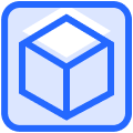 A simple blue-bordered cube icon with a white background and rounded blue square outline.