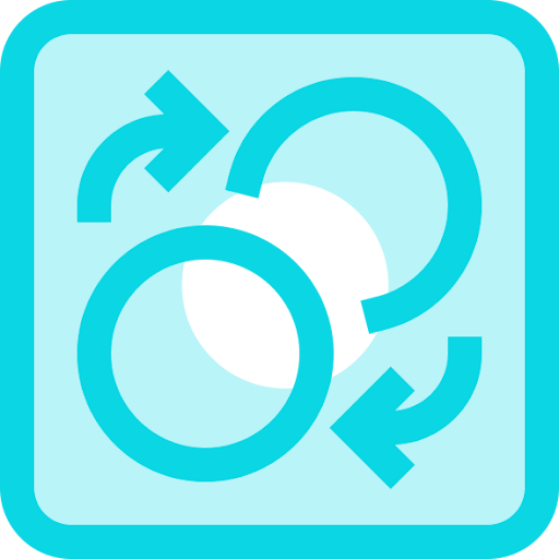 A black circle surrounded by three blue arrows forming circular paths on a light blue background.