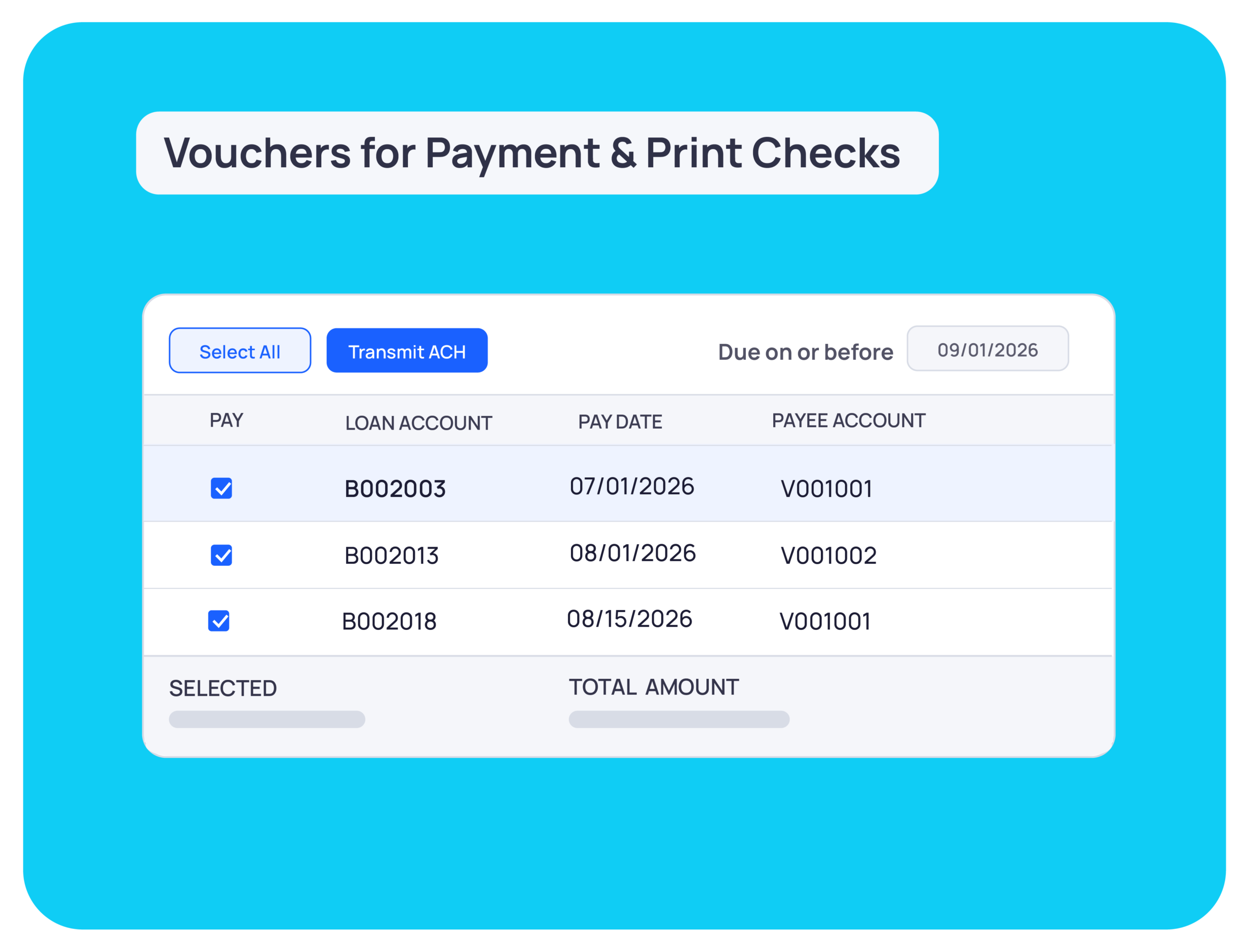A digital interface displays a table of loan payments with checkboxes, account numbers, pay dates, and payee accounts, along with “Select All” and “Transmit ACH” buttons.